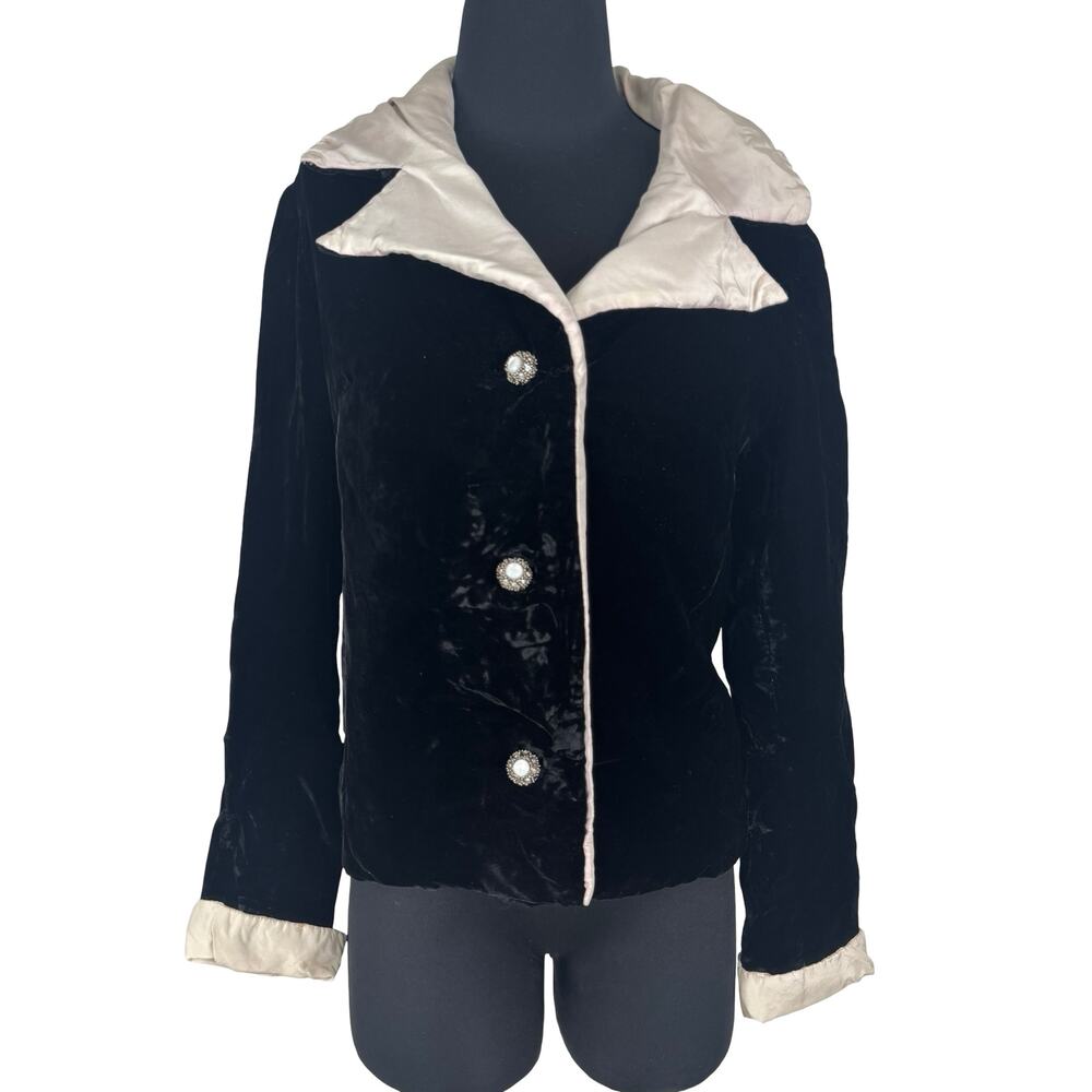 Vintage Black Velvet Blazer Cream Satin Collar Jeweled Buttons Tuxedo Jacket